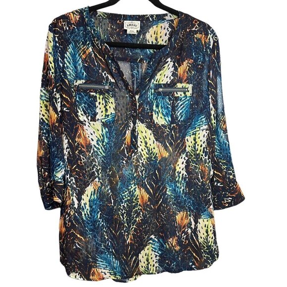 Ariat Tunic Top Blouse 3/4 Sleeve Abstract Colorful Sheer Western Cowgirl MEDIUM - Picture 1 of 6